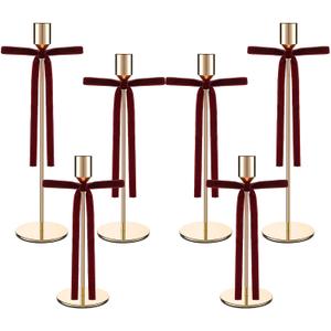Set of 6 Gold Taper Candle Holders Brass Gold Pillar Tall Candlestick Holders Metal Vintage Decorative Candle Holder with Velvet Christmas Swag Bow for Table Mantel Fireplace Dining Wedding Party