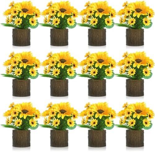 Lyrow 12 Pcs Sunflower Decor Potted Artificial Sunflowers for Decoration Rustic Sunflower Plant Yellow Faux Flower in Pots for Home Bathroom Kitchen Living Room Shelf Table Centerpiece Wedding Party