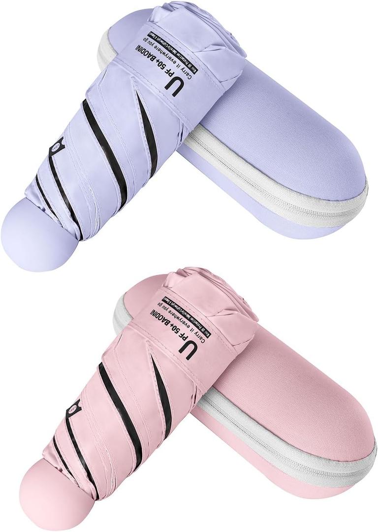BAODINI Travel Mini Umbrella for Purse With Case Small Compact UV Sun Protection Sun Lightweight Tiny Pocket Umbrella for Women Kids and Men (2 Pack Pink & Purple)