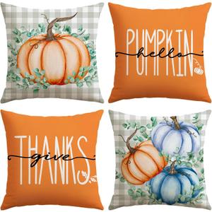 2 x Artscope Fall Decorative Throw Pillow Covers 18x18 Inch Set of 4, Hello Pumpkin Give Thanks Buffalo Plaid Outdoor Farmhouse Pillow Cases for Home Sofa Couch-Orange