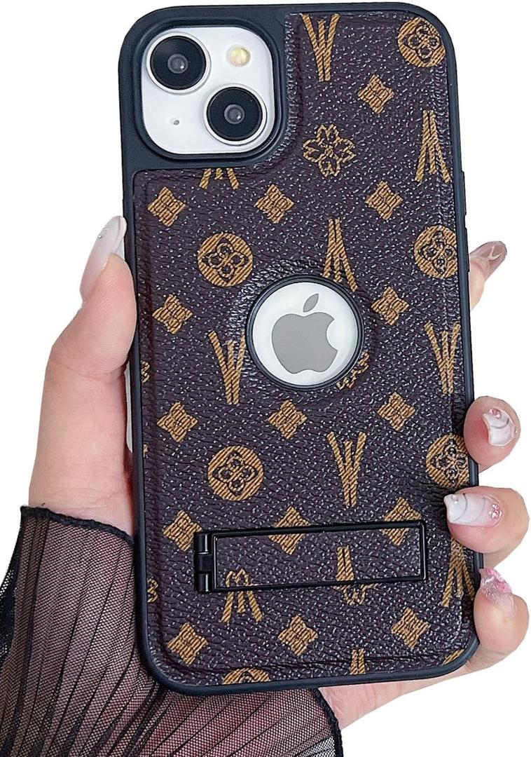Compatible with iPhone 14 Case Designer for Women Girls Luxury Leather Case Logo View with Metal Stand Shockproof Protective Phone Cover for iPhone 14-6.1(Brown)