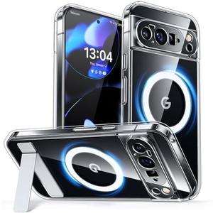 CANSHN Magnetic for Google Pixel 10 Pro Case(6.3") with Durable Metal Stand, Upgraded [Full Camera Protection] Transparent Back, Hard Case Cover, Clear