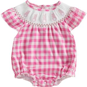 7 x Gueuusu Newborn Baby Girl Easter Outfit Bunny Embroidery Smocked Bubble Romper Short Sleeve One Piece Bodysuit Infant Clothes (2-3T, Plaid)