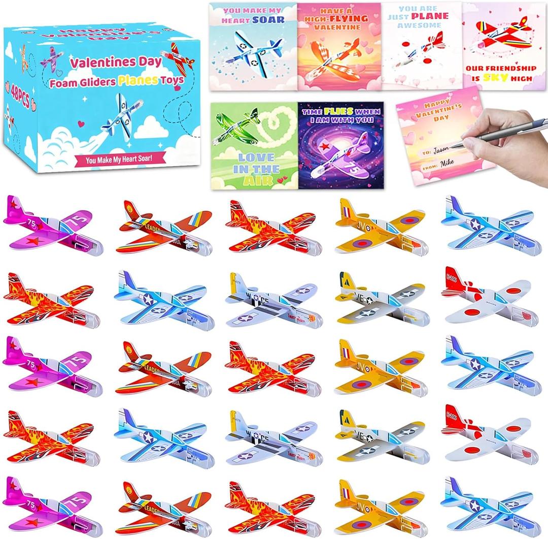 48 pcs Valentines Day Cards for Kids School with Foam Airplane Gliders Toys Boys Girls School Classroom Exchange Gifts Party Favors Bulk Treats Prizes Goodie Bag Stuffers