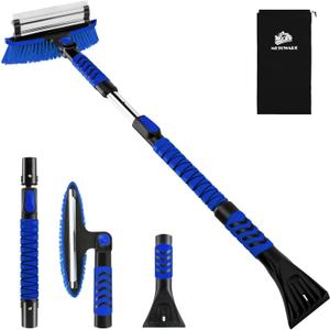 METOWARE 44" Ice Scraper and Snow Brush for Car Windshield, Extendable Heavy Duty Ice Remover with 360 Pivoting Head for SUV Truck, Ergonomic Grip, Blue