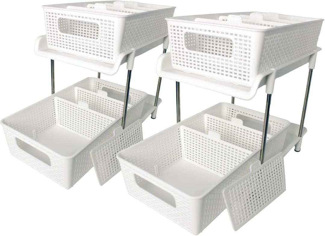 2 Tier Kitchen & Cabinet Drawer Storage Rack With Sliding Baskets  Adjustable Shelf Laundry Room Organization| Under Sink Organizer For Bathroom Accessories & Kitchen