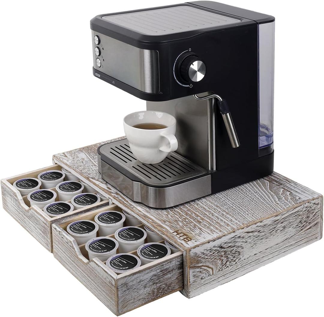 HTB K Cup Holder Compatible with K Cups, Coffee Pod Holder Holds Up 30 Cups, K Cup Organizer Storage Drawer Wood K Cup Drawer Vintage White