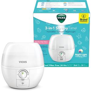 Vicks Humidifier 3-in-1 SleepyTime Cool Mist Humidifier for Nursery, White
