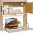 ARTETHYS Wall Mounted Desk with LED Light Multifunctional Fold Down Laptop Computer Table Writing Workstation with Storage Compartments Space Saving for Home Office Wood Color