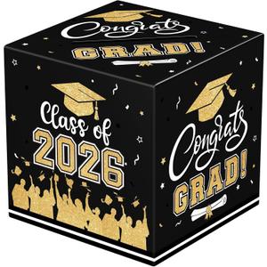 Graduation Card Box 2026 - Congrats Grad Card Boxes Holder, Black and Gold Class of 2026 Gift Cards Box for Graduation Decorations 2026 Favors Party Decor Supplies Props, 9x 9 x 9 inches, 2 Pack