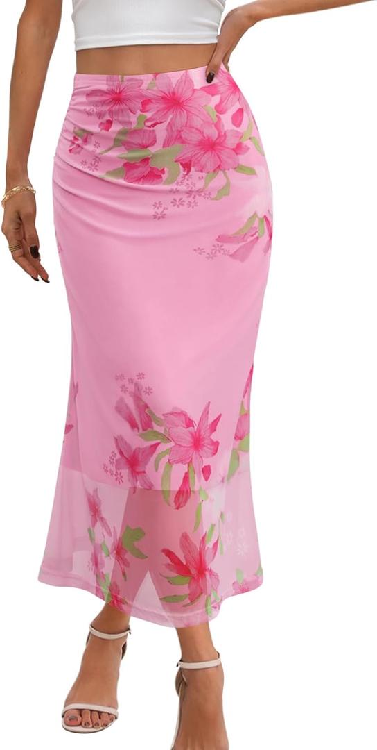 MEROKEETY Women's Summer Floral Mesh Midi Skirt 2026 Casual Trendy High Waist Ruched Boho Skirts (Medium, Pink)