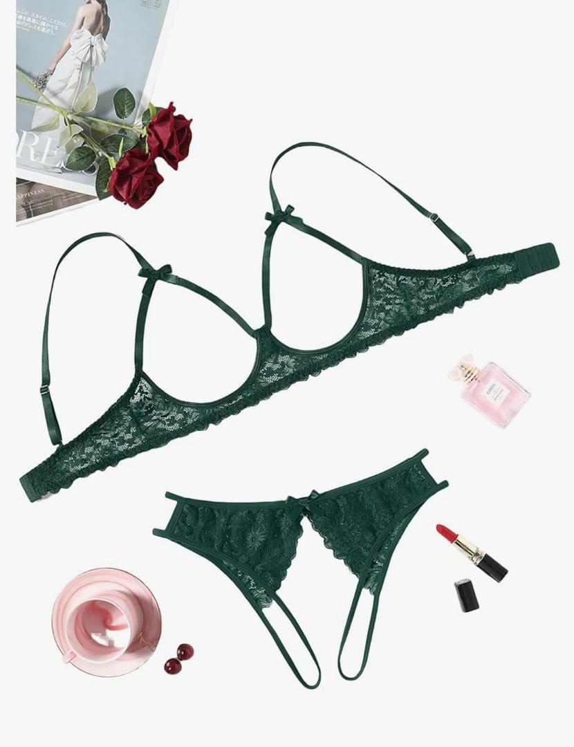 Avidlove Women's Exotic Lingerie Sets Naughty 2 Pieces Bra Panty Set Sexy Cutout Lace Lingerie Large Green