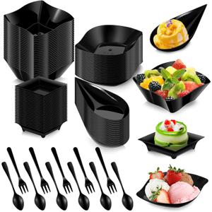 Mini Appetizer Plates Halloween, 200 Pcs Disposable Dessert Plates with Spoons Fork, Plastic Appetizer Bowls for PartyMini Black
