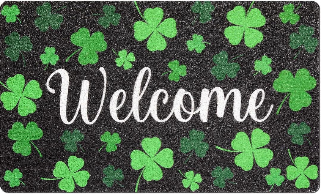 Mindsoft St. Patrick's Day Welcome Doormat Green Shamrock Lucky Front Door Mat Outdoor Entrance Rugs for Home Indoor Holiday Decoration 18 x 30 Inch