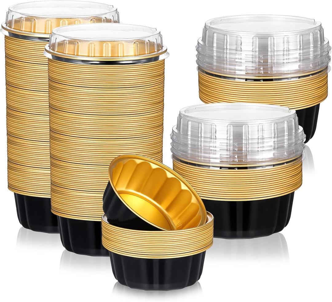 100 Pcs 8 oz Disposable Ramekins with Lids Creme Brulee Ramekins Aluminum Foil Baking Cups for Cupcakes, Cheesecake, Catering, Wedding, Party (Black, Gold)