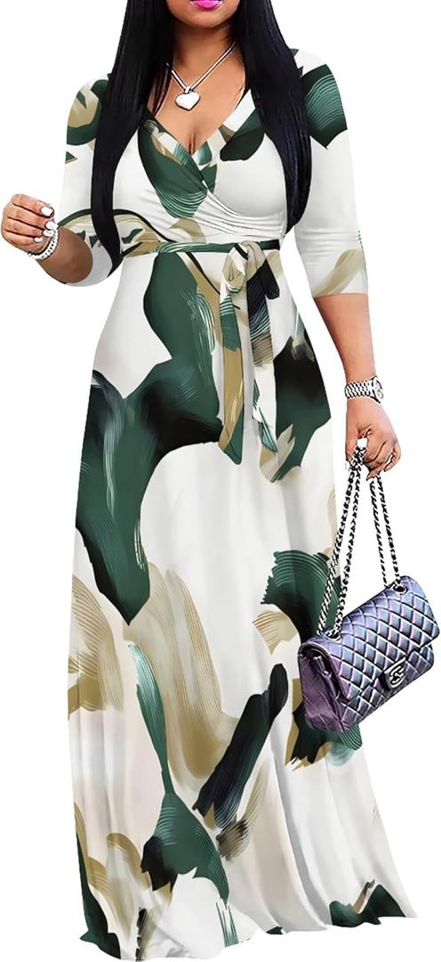 PinkPatty Women's Print Maxi Dresses 3/4 Sleeve Flowy Long Dress V Neck Wrap Tie Waist Sundress (Large, 0 Colorful#15)