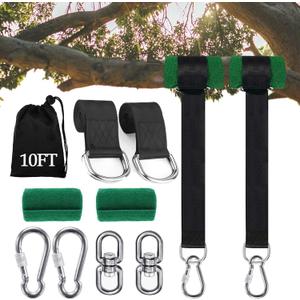 Extra Long Tree Swing Straps, 3FT/10FT/20FT/30FT Tree Swing Hanging Straps Kit Holds 5000 lbs with Tree Protector, Heavy Duty Carabiner and Swivel Perfect for Swings & Hammocks (10 FT) (Black)