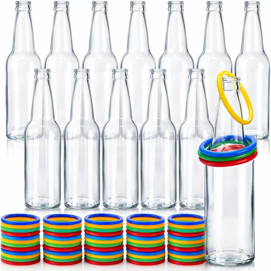 Covzoe 72 Piece Ring Toss Game Set, Includes 12 Pack Fun Target Glass Bottles and 60 Pieces Plastic Colorful Rings, Outdoor Carnival Party Toss Game Accessories for Family Backyard Sport Activity