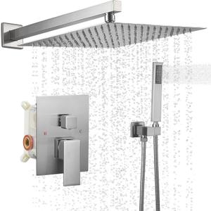 BWE 12 Inch Square Shower Head System 2-Functions Bathroom Luxury Rain Mixer Shower Combo Set Wall Mounted Rainfall Brushed Nickel Shower Faucet Rough-in Valve Body and Trim Included