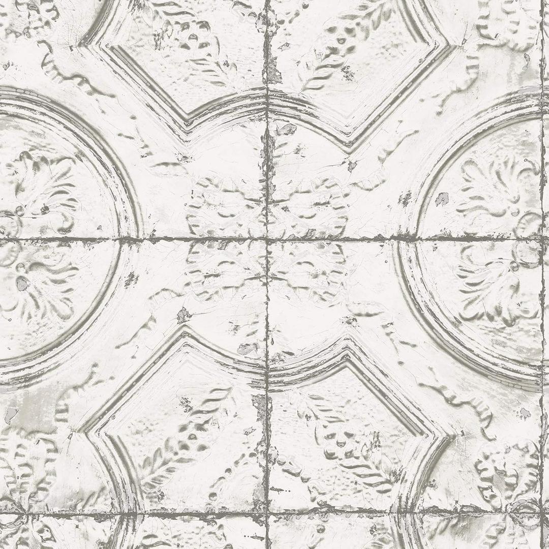 InHome NHS3711 Newport Tin Tile Peel Stick Wallpaper, White & Off-White (20.5" x 198")