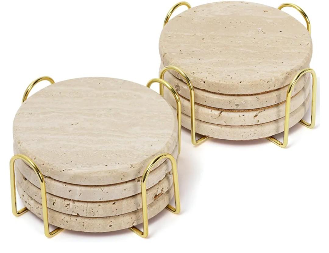 Coasters Set of 8 with Holder, Farmhouse Rustic Beige Marble Drink