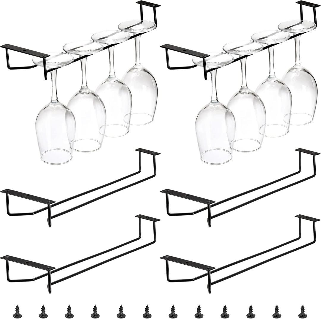 Dicunoy 6 Pack Black Wine Glass Rack, 14 Inch Under Cabinet Stemware Holder, Wall Mounted Iron Wine Glass Hanging Rack for Shelf, Kitchen, Bar, Wine Cellar Storage, Organizer, Display