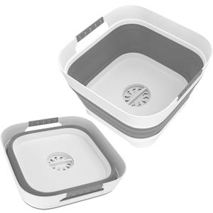 2.4 Gal(9L) Collapsible Dish Basin Bucket with Drain Plug Portable Sink Space Saving Multiuse Bottle Washing Basin Foldable Sink Tub for Kitchen Camping RV Vegetable Washing Dishes Gray