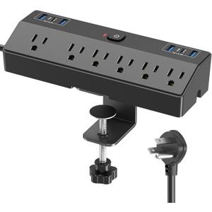Desk Clamp Power Strip with 40W Fast Charging Station, JXGUCAT 10ft Flat Plug Power Strip Surge Protector, 2 USB-C Ports, 6 AC Outlets, Fit 2.48" Tabletop Edge, Home Office Desk Accessories Essentials