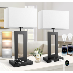 3 Color Temperatures Table Lamps for Bedrooms Set of 2, 22’’ Touch Control Bedside Nightstand Lamps with 2 USB Ports & AC Outlet, Stepless Dimmable Lamps with White Shade, Modern Decor for Living Room