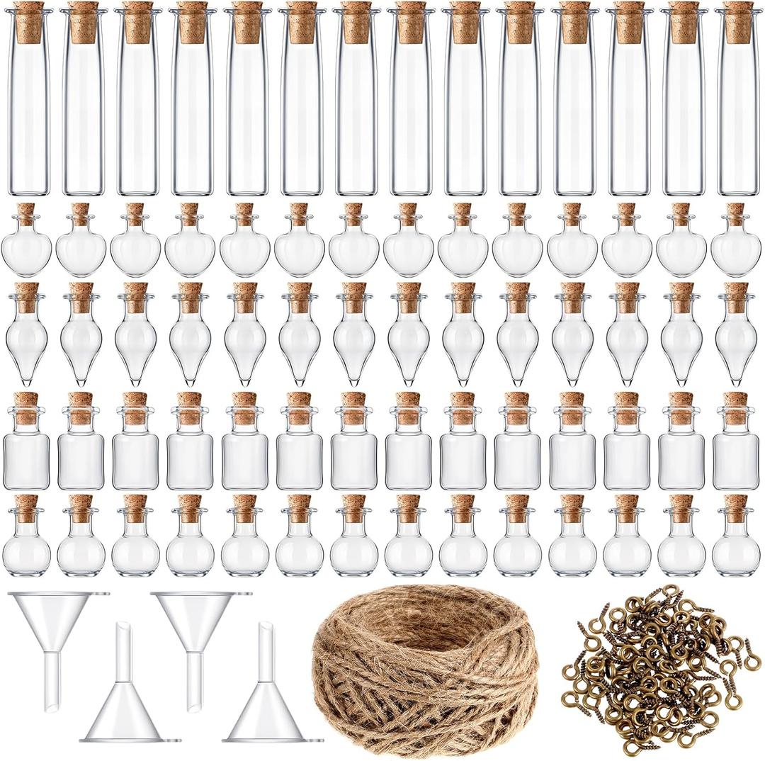70Pcs Small Glass Bottles with Cork, Clear Tiny Glass Small Glass Bottles with Cork, Sand Art Wishing Vial with Eye Screws Funnel and Rope for Decoration, Art Crafts, DIY Projects( 5 Styles)