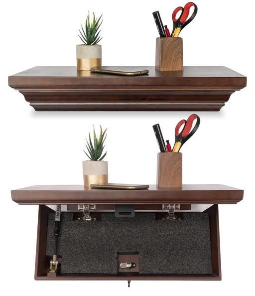 HNEBC 24" Compact Gun Shelf with Hidden Compartment, Floating Wall Mount Gun Rack for Living Room Decor, Solid Wood Concealed Furniture for Secure Gun Storage