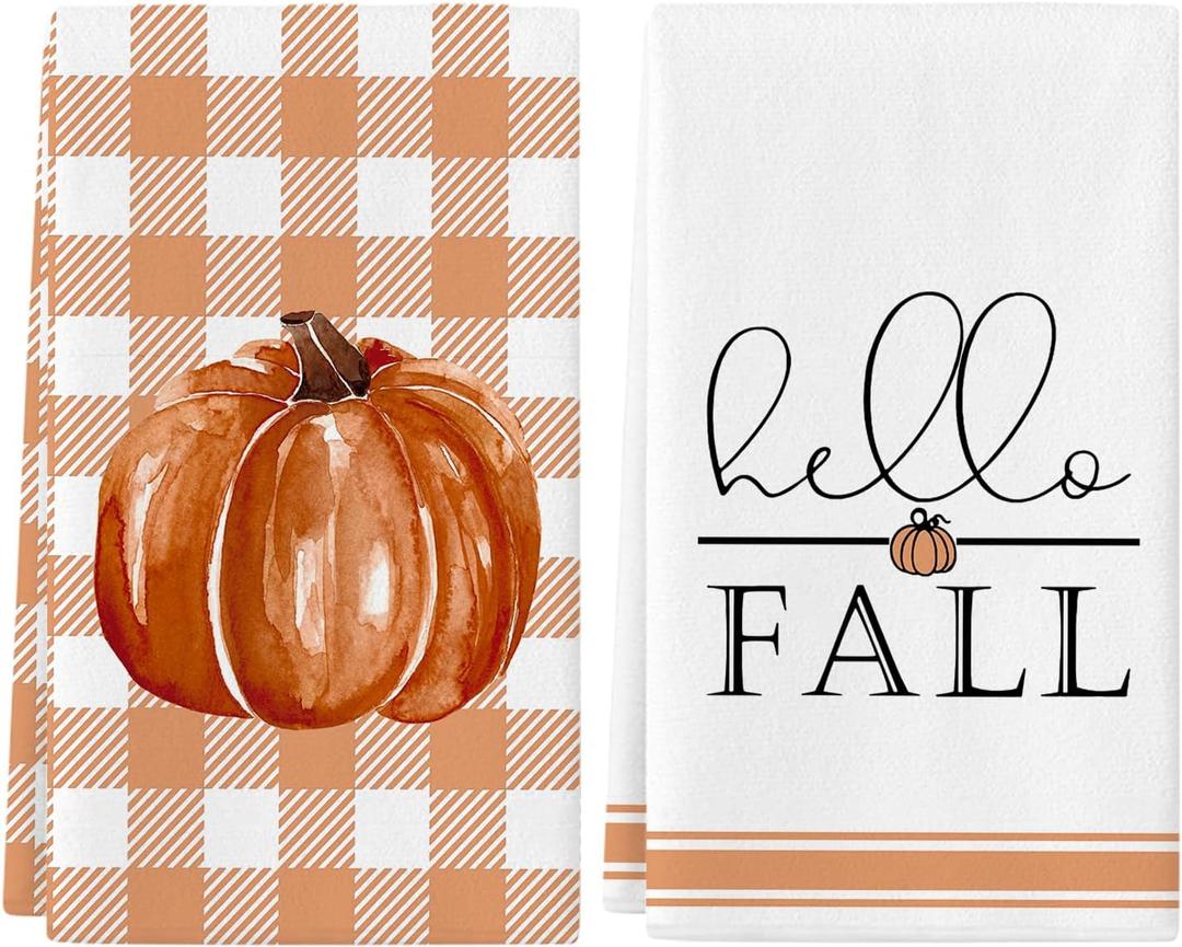 Siilues Fall Kitchen Towels Set of 2,18x26 Inch Pumpkin Hand Towels Hello Fall Decorations for Home Seasonal Autumn Thanksgiving Home Kitchen Decor Dishcloth (Multi Colored)