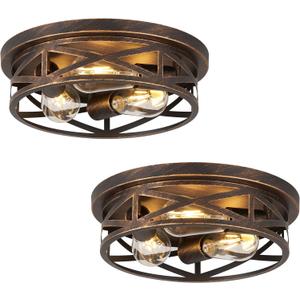 2 Pack Flush Mount Ceiling Light, 3-Light Close to Ceiling Light Fixtures, 13 Inch Farmhouse Cage Style Ceiling Lights for Bedroom, Living Room, Porch Kitchen (Black + Gold)