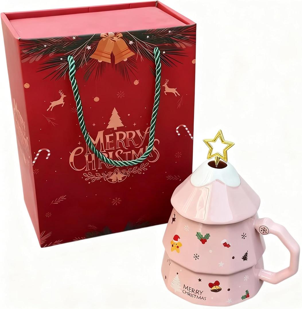 Christmas Coffee Mugs with Gift Box, Cute Christmas Tree Design 12 oz Durable Novelty Ceramic Cups with Lid & Spoon, Perfect Holiday Gifts for Women, Men, Kids and Friends (Pink)