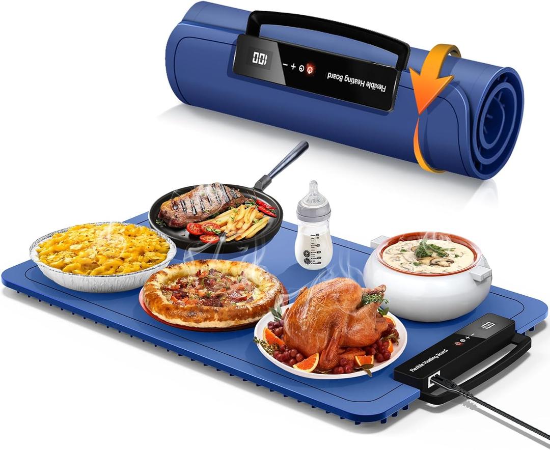 Food Warming Mat for Electric Tray: 24H Full Surface Heat Warmer with 7 Temp Setting Portable - Silicone Heating Buffets Party and Daily Use (Blue)