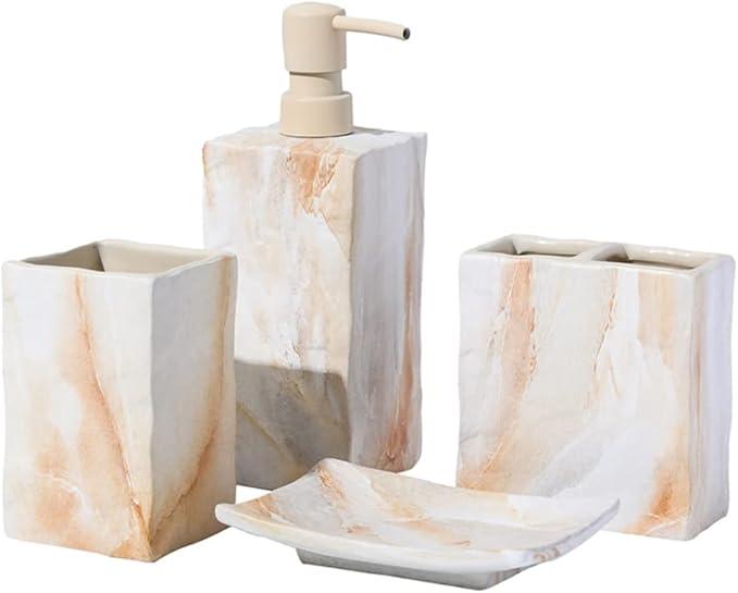RQYIXI Bathroom Accessories Set 3 Pcs Marble Look Sets Toothbrush Holder Soap Dispenser Counter Top Ceramic Bathroom Decor Set Beige