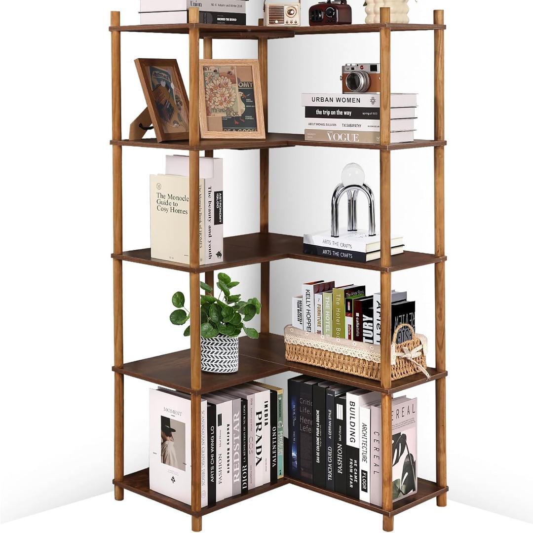 YGYQZ Bookshelf 5 Tier, Reversible Corner Bookshelf, 63" Tall Wood Corner Shelving for Living Room, Bedroom, Kitchen, Home Office, Rustic Brown, 5 Tier Bookcase