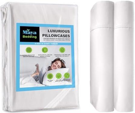 Maya Bedding Standard Size Pillowcase Set – Bright White, 400 Thread Count, 100% Cotton Sateen – Soft, Cooling & Breathable – Set of 2 Envelope Closure Pillow Covers