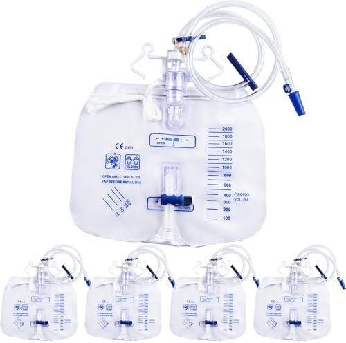 4 Pack 2000ml Urine Drainage Bag with 48" Tube, Leak Proof Anti Reflux with Cross-Shaped Drainage Valve and Dual Hook for Easy Hanging