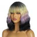 BERON 14 Inches Blonde Wig with Bangs Short Curly Wig Blonde Purple Ombre Black Curly Wigs for Women Daily Party or Cosplay Hairnet Include