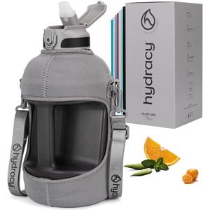 Hydracy Water Bottle with Time Marker -Large BPA Free Water Bottle & No Sweat Sleeve -Leak Proof Gym Bottle with Fruit Infuser Strainer & Times to Drink -Ideal for Fitness Sports & Outdoors (Silver Grey)