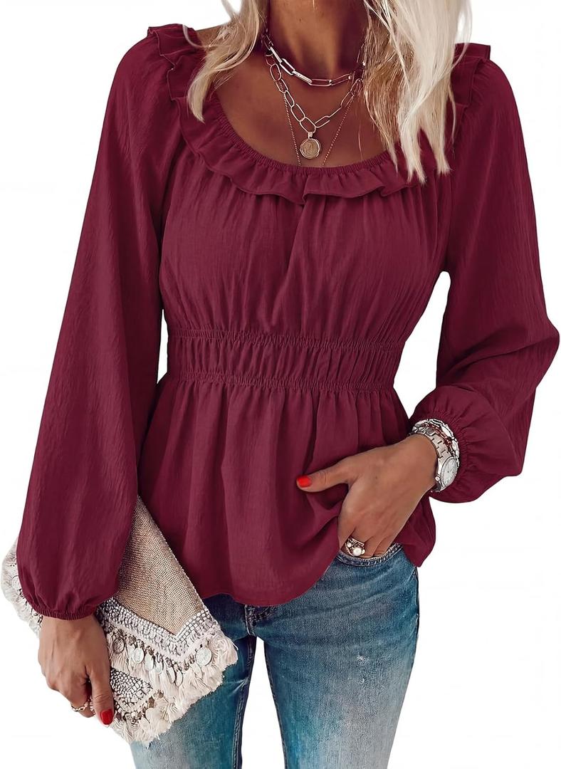 Womens Puff Long Sleeve Babydoll Tops Square Neck Ruffle Peplum Blouse Smocked Loose Fit Tunic Top Dressy Tee Shirts