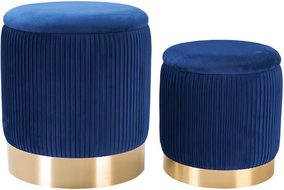 Blue Round Ottoman with Storage Set of 2 Upholstered Velvet Vanity Stool for Living Room Storage Ottomans Multifunctional Foot Rest
