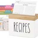 Dahey Wooden Recipe Box White Recipe Organizer with 100 Recipe Cards and 6 Dividers, Recipe Card Holder Box Set with Lid and Slots to Write in Your Own Recipes for Cooking Lover Kitchen, 6.9''x3.5''