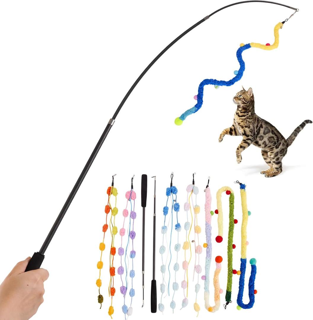 Cat Wand Toy, 9Pcs Retractable Plush Srtip Cat Teaser Wand Toys with Bell & String, Long Interactive Wand Toys for Indoor Kitten, Exercise (7pcs&2pole)
