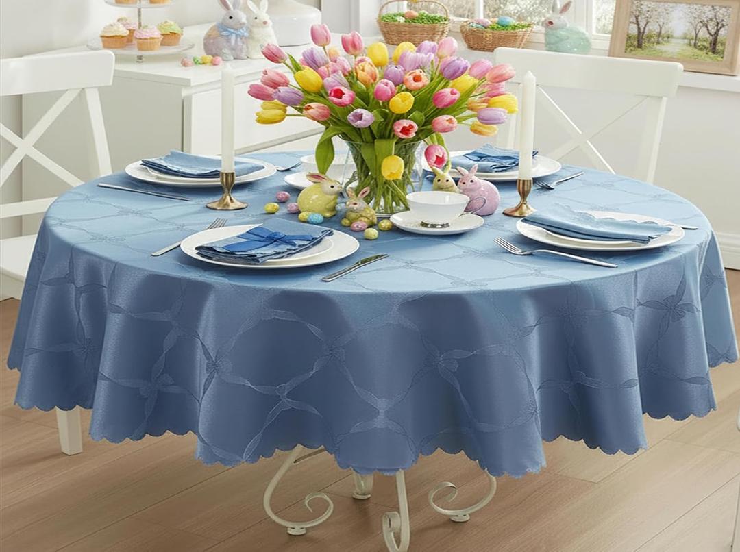 Newbridge Ribbons and Bows Damask Fabric Tablecloth, Blue, 60 x 84 Inch Oval, Wrinkle & Stain Resistant Table Cover