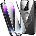 for iPhone 14 Pro Max Case Compatible with Magsafe [Magnetic Adsorption + Safety Lock] Ring Stand Aluminum Bumper Tempered Glass Screen Lens Protector (iPhone14ProMax, Black)