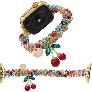 Stretchy Crystal Beads Band Compatible with Apple Watch Bands 38 40 41 42 44 45 46 49mm Women,Elastic Beaded Wristband with Cherry Charms Pendants for iWatch Series 10 9 8 7 6 5 4 3-1 Ultra SE (Colorful Red)