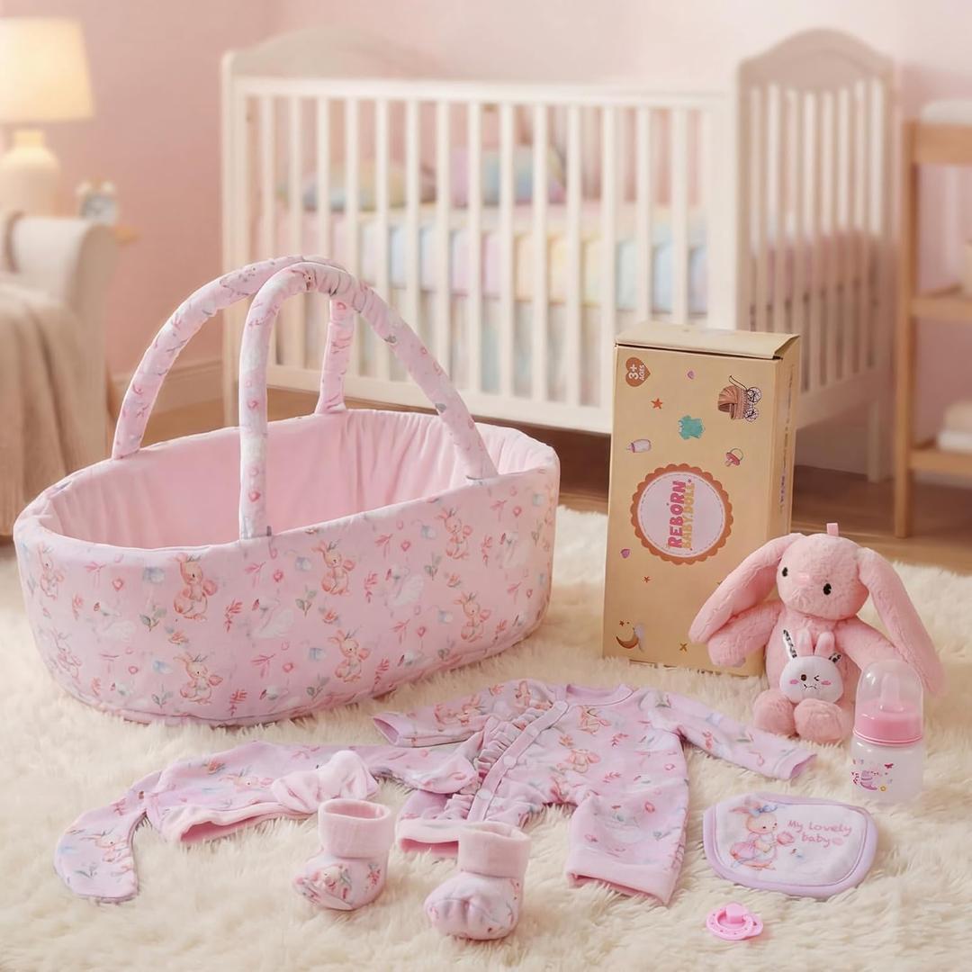 BABESIDE 8 Pcs Baby Doll Clothes Set with Bassinet for 12-15 Inch Dolls, Cute Bunny Baby Doll Clothes and Accessories Toy, Feeding Bottle Babydoll Accessories for Gilrs