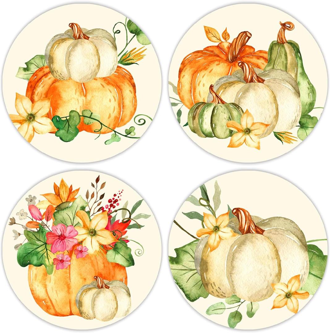 4Pcs Fall Pumpkin Coasters Watercolor Autumn Ceramic Coasters Absorbent Thanksgiving Harvest Cup Mat for Home Kitchen Party Decor